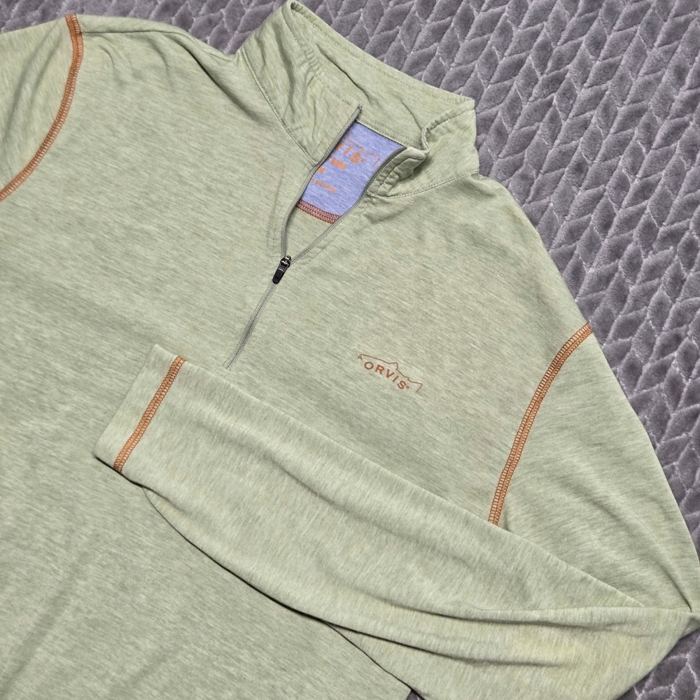 Orvis Trout Bum Mens Medium Green Heather 1/4 Zip Pullover Fish 1R47 Trout Logo